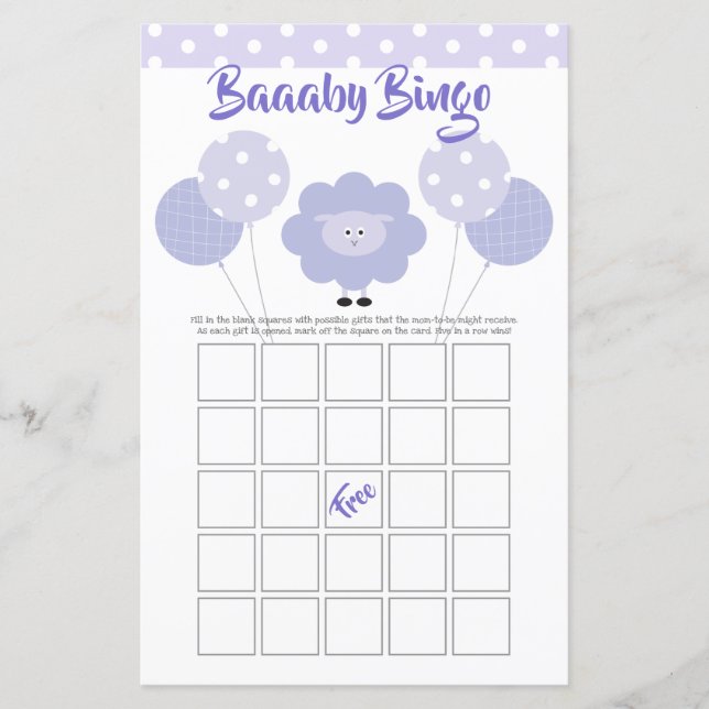 Purple Lamb Baby Shower Cute Sweet Bingo Game Card (Front)