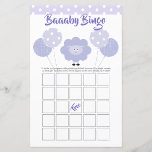 Purple Lamb Baby Shower Cute Sweet Bingo Game Card