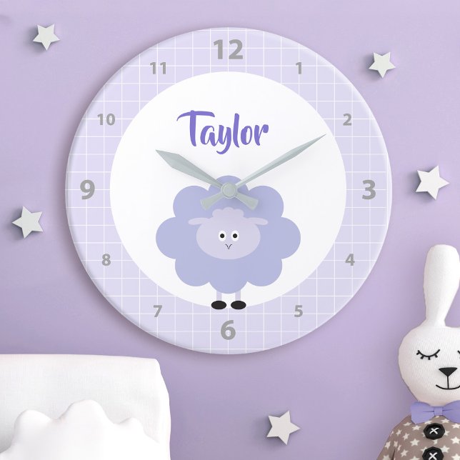 Purple Lamb Cute Sweet Kids Nursery Custom Name Round Clock (Creator Uploaded)