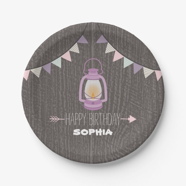 Purple Lantern Camping Birthday Paper Plate (Front)