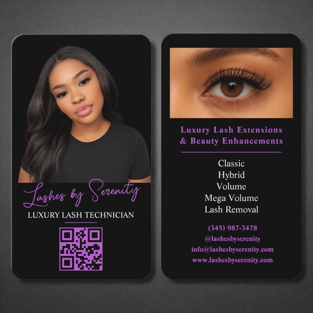 Purple Lash Technician QR Code Black Luxury Beauty Business Card (Creator Uploaded)