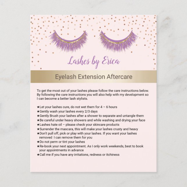 Purple Lashes Salon Eyelash Aftercare Instruction Flyer (Front)