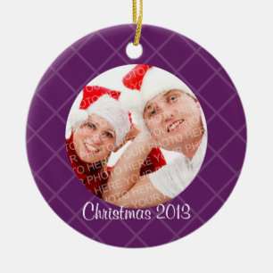 Purple lattice holiday photo memory sentimental ceramic tree decoration