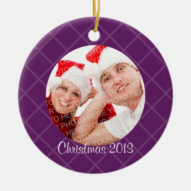 Purple lattice holiday photo memory sentimental ceramic tree decoration (Front)