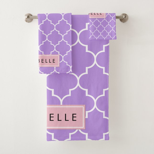 Purple Latticework, Moroccan Trellis, Your Name Bath Towel Set (Insitu)