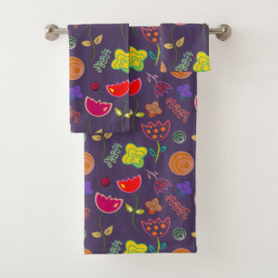 Purple lavendar floral bright art modern bath towel set