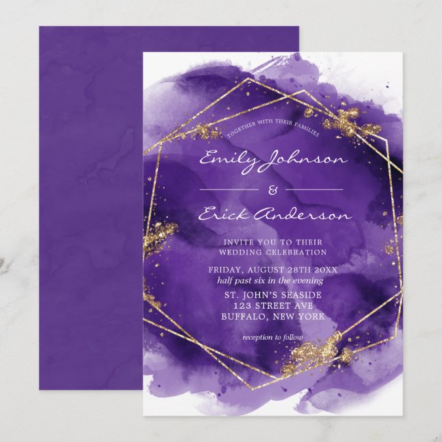 Purple Lavender and Gold Paint Geometric Wedding  Invitation (Front/Back)