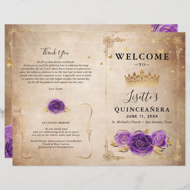 Purple Lavender and Gold Roses Quinceanera Program (Front/Back)