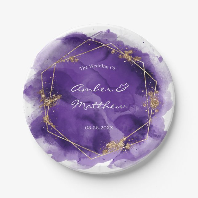 Purple Lavender and Gold Watercolor Wedding Paper Plate (Front)