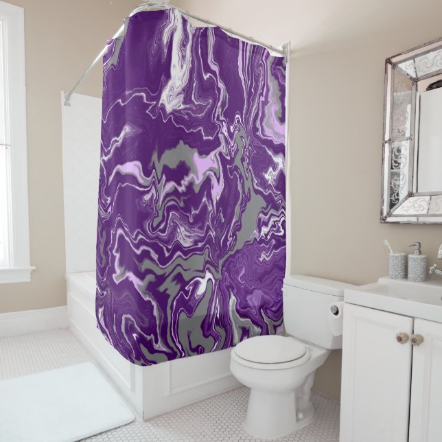 Purple. Lavender and Grey Marble Fluid Art   Shower Curtain (In Situ)