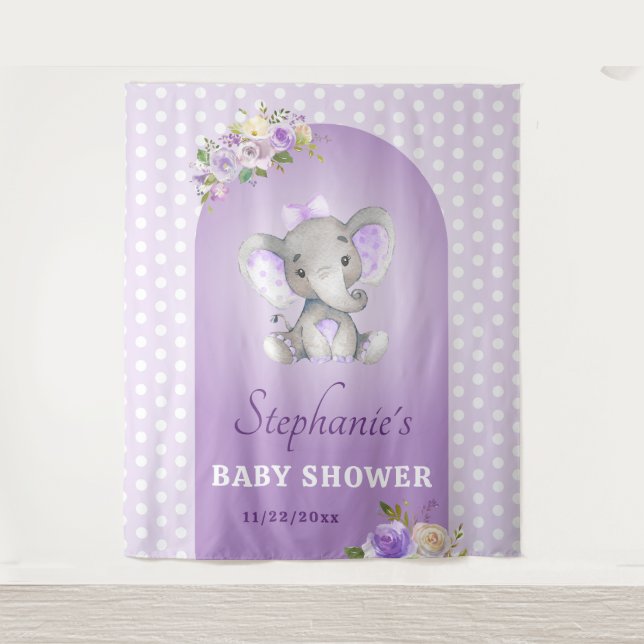 Purple Lavender Baby Girl Elephant Shower Sprinkle Tapestry (Front)