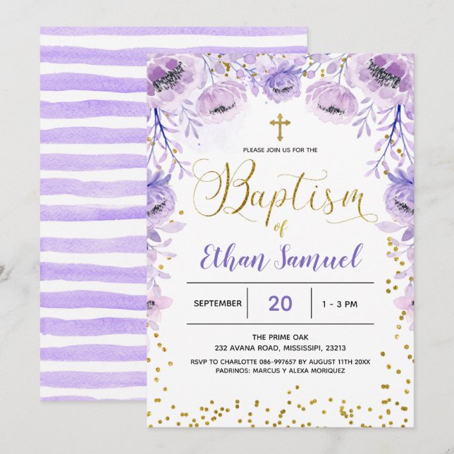 Purple Lavender Baptism Floral Invitation (Front/Back)