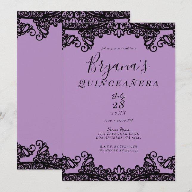 Purple Lavender & Black 15th Quinceañera Party  Invitation (Front/Back)