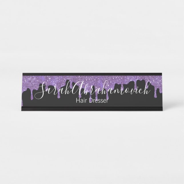 Purple Lavender & Black Glitter Drips Desk Sign (Front)