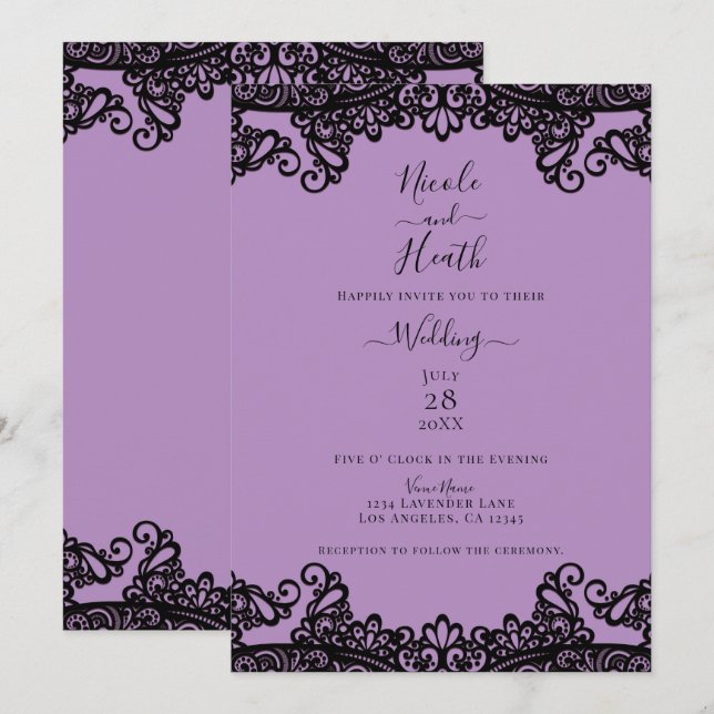 Purple Lavender & Black Lace Elegant Wedding      Invitation (Front/Back)