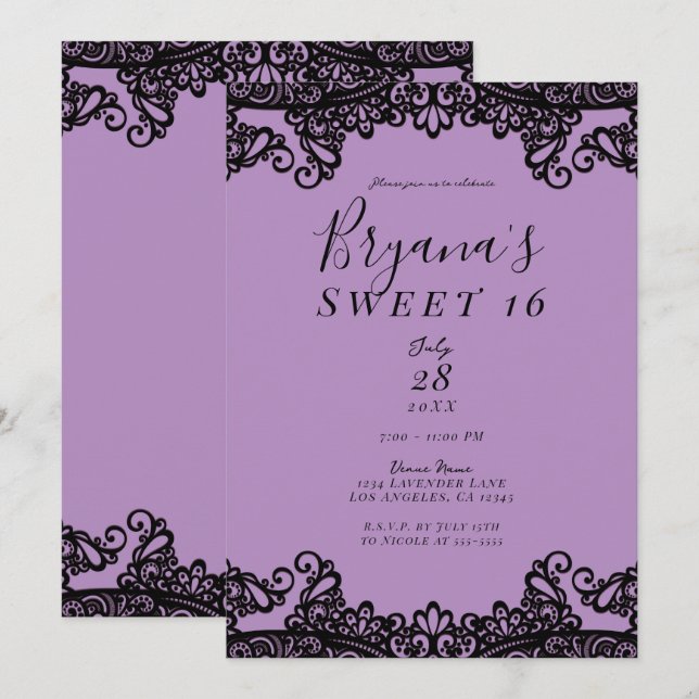 Purple Lavender & Black Lace Sweet 16 Party  Invitation (Front/Back)
