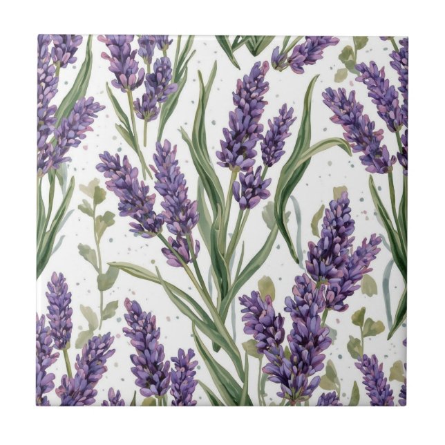 Purple Lavender Blooms Watercolor Botanical Tile (Front)