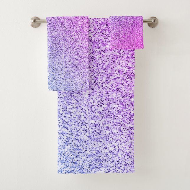 Purple lavender blue faux glitter sparkles bath towel set (Insitu)