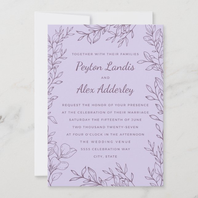 Purple Lavender Botanical Line Art Wedding  Invitation (Front)