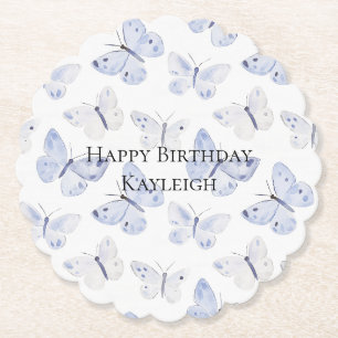 Purple Lavender Butterflies Birthday Paper Coaster