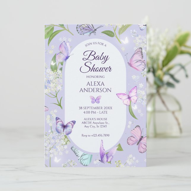 Purple lavender butterfly floral Baby Shower Invitation (Standing Front)