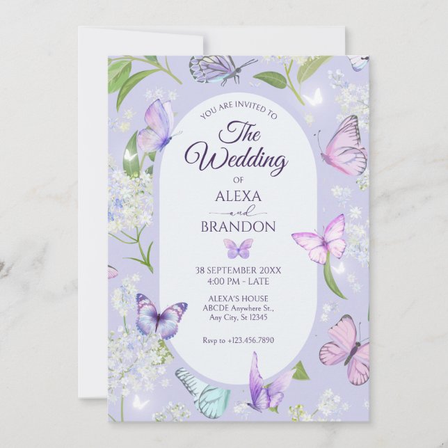 Purple lavender butterfly floral Wedding Invitation (Front)