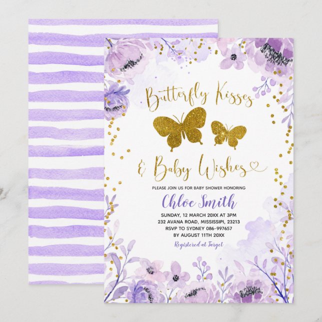 Purple Lavender Butterfly Kisses and Baby Wish Invitation (Front/Back)