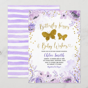 Purple Lavender Butterfly Kisses and Baby Wish Invitation