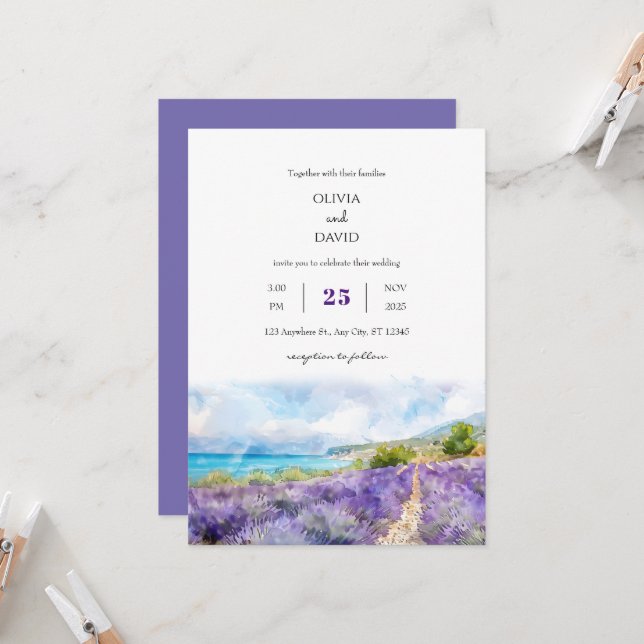  Purple Lavender Coastal Field Art Beach Wedding  Invitation (Front/Back In Situ)