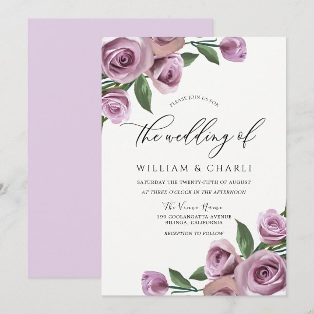 Purple Lavender Elegant Roses Wedding  Invitation (Front/Back)