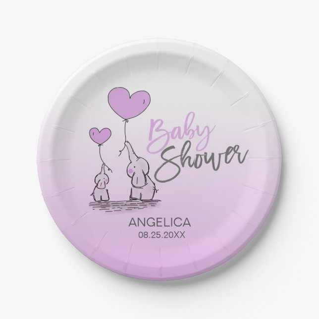 Purple Lavender Elephant Gender Baby Shower Paper Plate (Front)