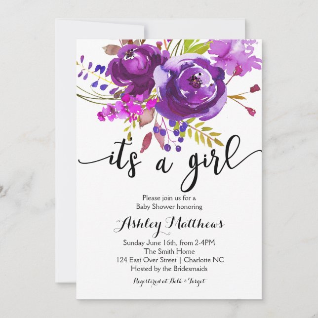 Purple Lavender Floral Baby Shower Invitation (Front)