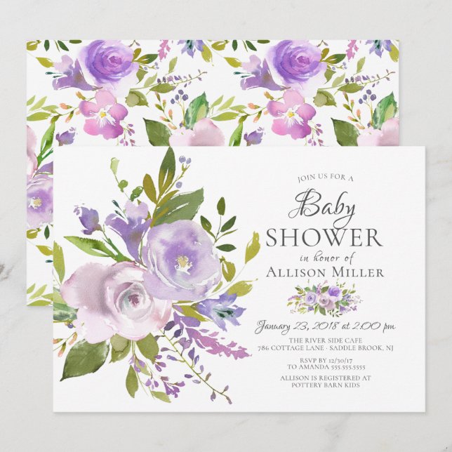 Purple Lavender Floral BABY Shower Invitations (Front/Back)