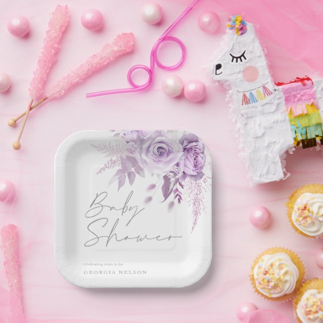 Purple Lavender Floral Beautiful Baby Shower Paper Plate (Party)