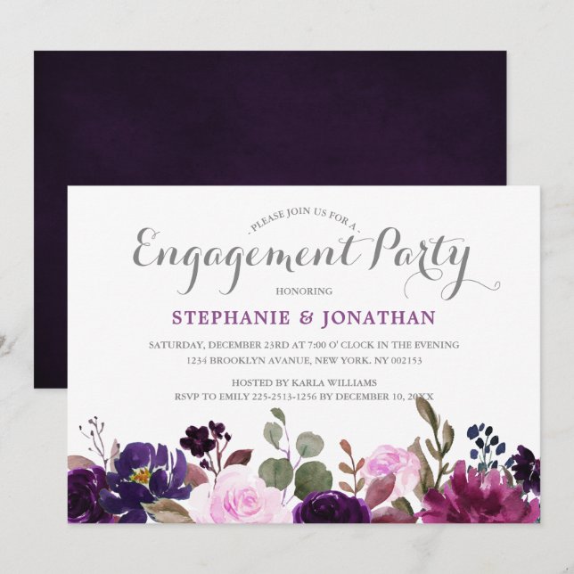 Purple Lavender Floral Boho Engagement Party Invitation (Front/Back)