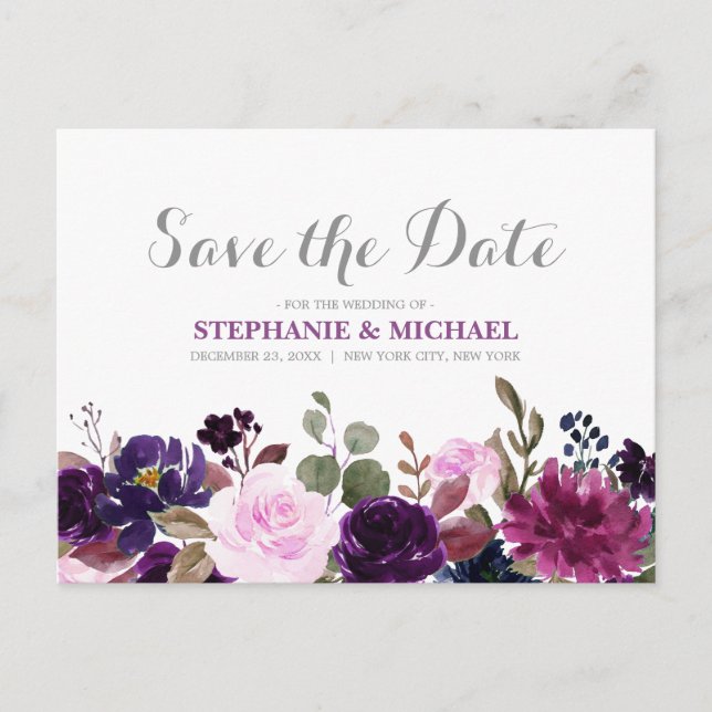 Purple Lavender Floral Boho Save the Date Announcement Postcard (Front)