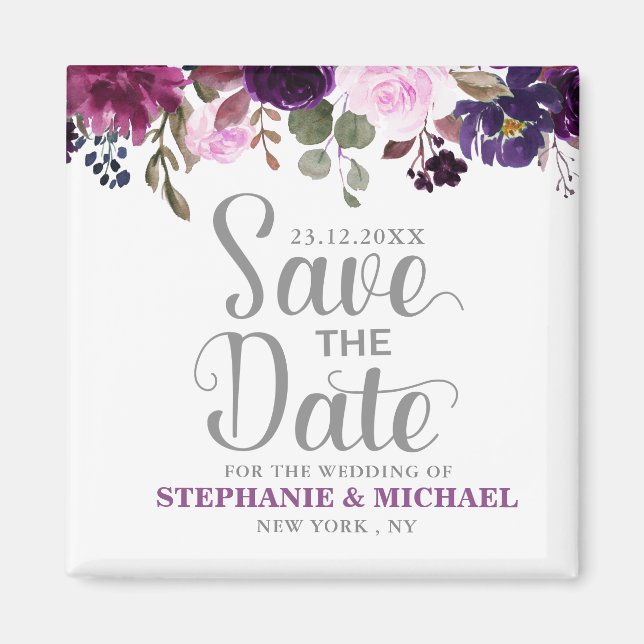 Purple Lavender Floral Boho Save the date magnet (Front)
