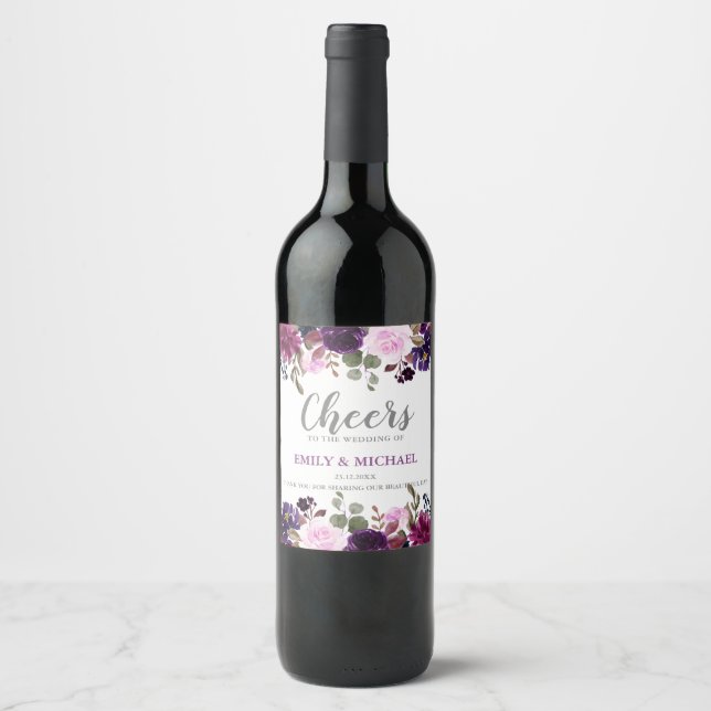 Purple Lavender Floral Boho Wedding beverage label (Front)