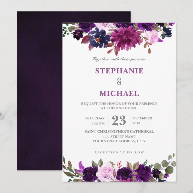 Purple Lavender Floral Boho Wedding Invitation (Front/Back)