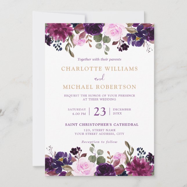 Purple Lavender Floral Boho Wedding Invitation (Front)