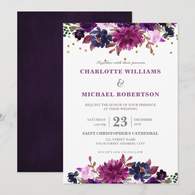 Purple Lavender Floral Boho Wedding Invitation (Front/Back)