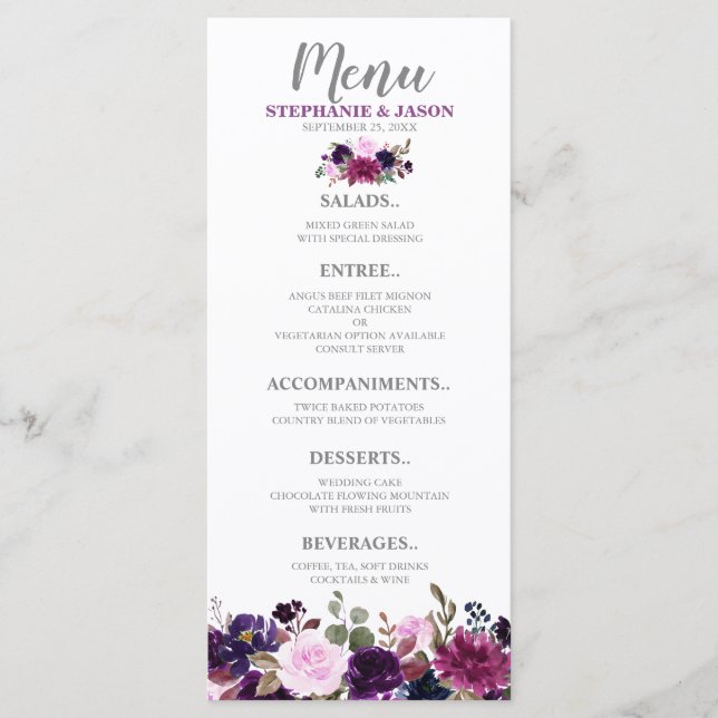 Purple Lavender Floral Boho Wedding menu (Front)