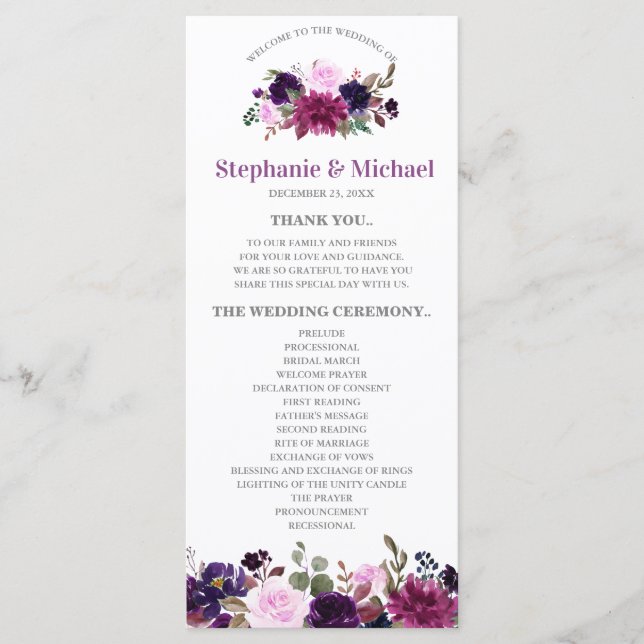 Purple Lavender Floral Boho Wedding program card (Front)