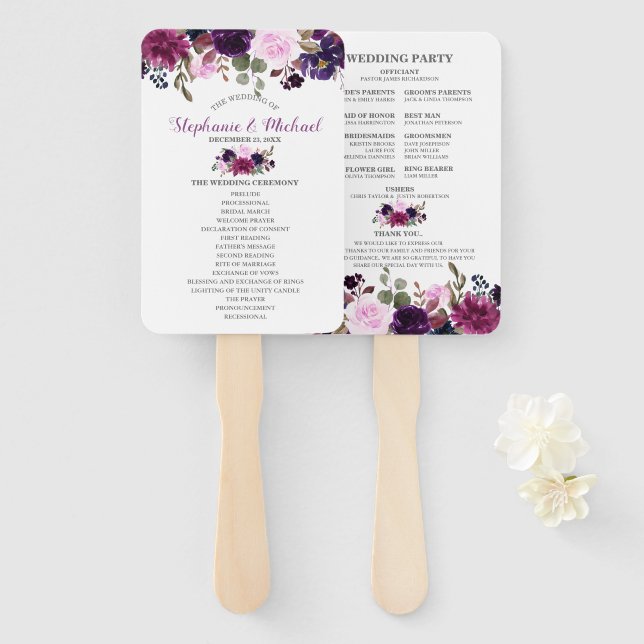 Purple Lavender Floral Boho Wedding program Hand Fan (Front and Back)