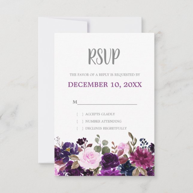 Purple Lavender Floral Boho Wedding RSVP Card (Front)