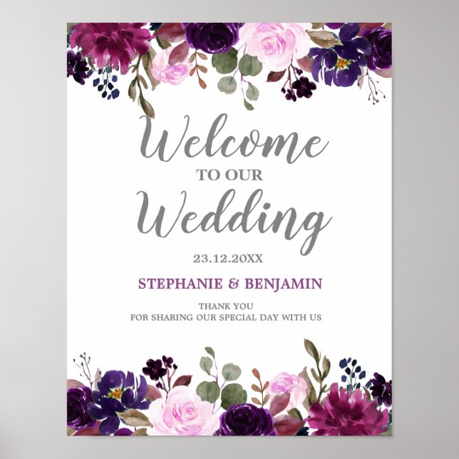 Purple Lavender Floral Boho Wedding sign / poster (Front)