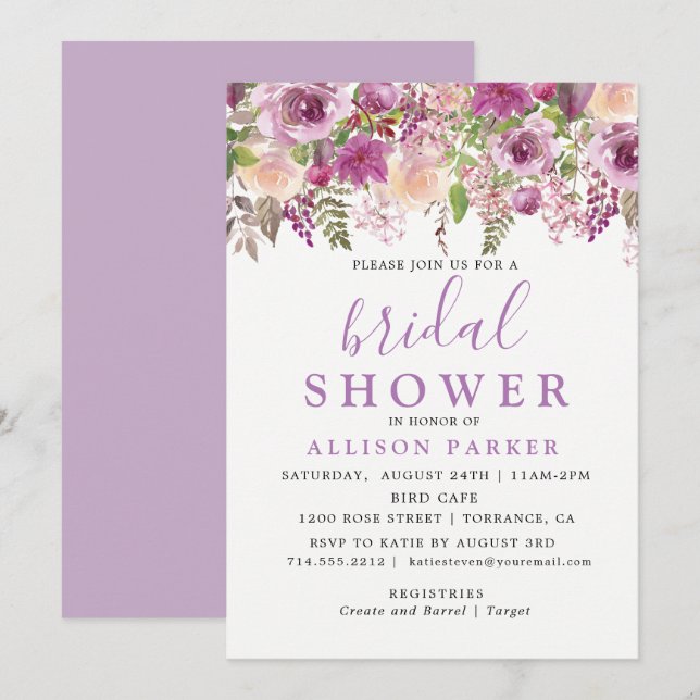 Purple Lavender Floral Bridal Shower Invitation (Front/Back)