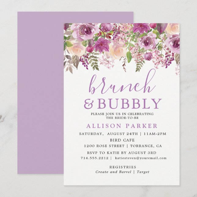 Purple Lavender Floral Brunch & Bubbly Invitation (Front/Back)