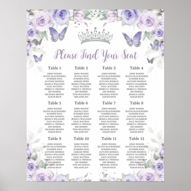 Purple Lavender Floral Butterflies Seating Chart (Front)
