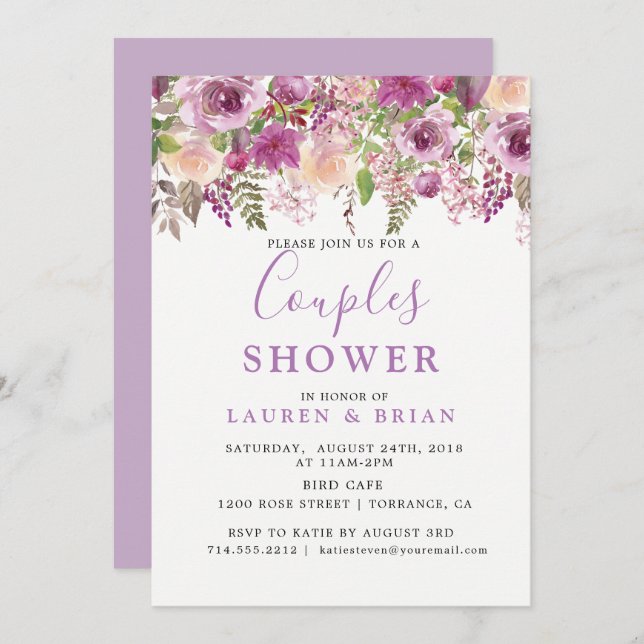 Purple Lavender Floral Co-ed Couples Shower Invitation (Front/Back)